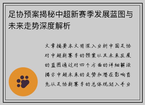 足协预案揭秘中超新赛季发展蓝图与未来走势深度解析